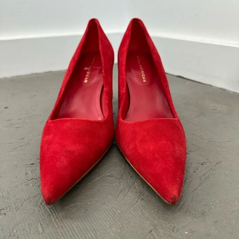 Good American Red Suede Leather The Icon Pointed Toe Pump Stiletto Heel Size 8